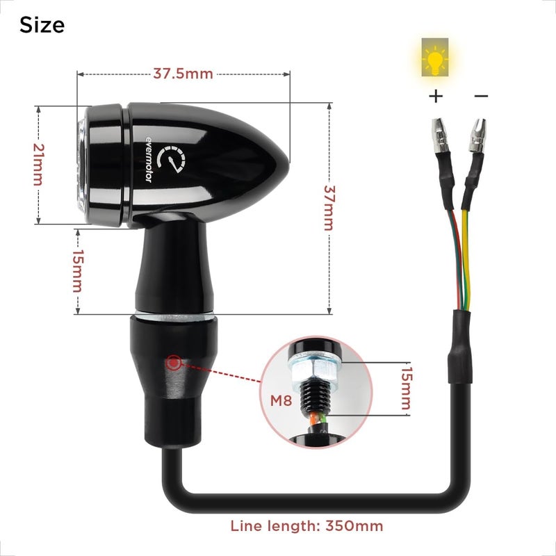 evermotor Mini Bullet Motorcycle Turn Signals - LED Blinkers Amber Light, CNC Machined, Aluminium Alloy - 12V Front Rear Indicator for Harley, Bike, Yamaha, Honda, Cafe Racer, Cruiser, 2PCS - Image 5